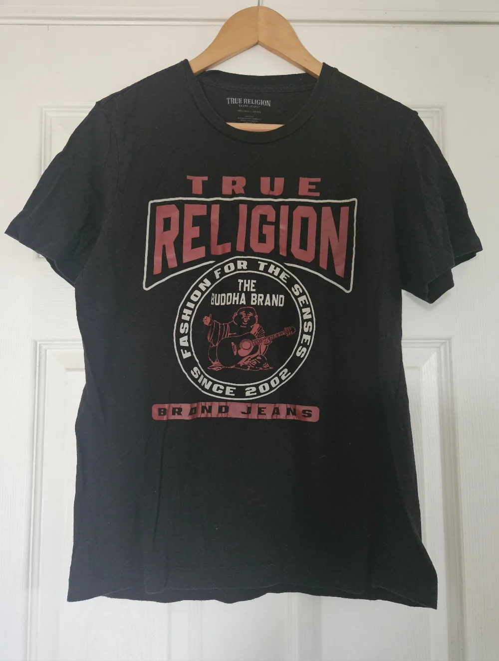 True Religion Black Short-Sleeve Tee with Red Logo Graphic Small
